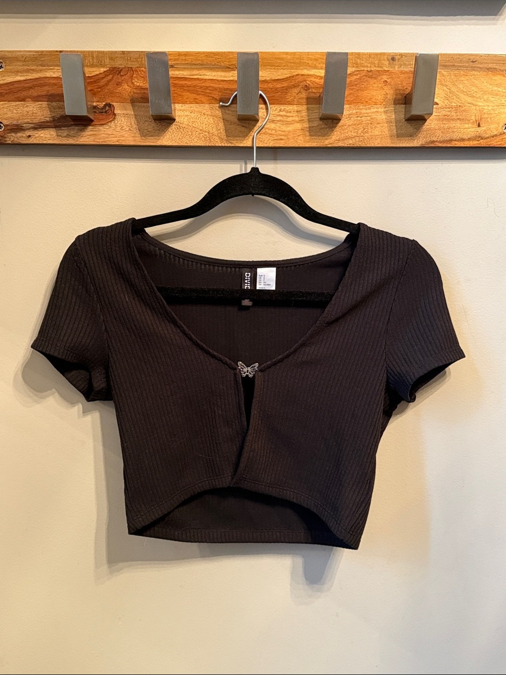 H&M - Divided Black Ribbed Short Sleeve Crop Top / Cardigan with Butterfly Clasp